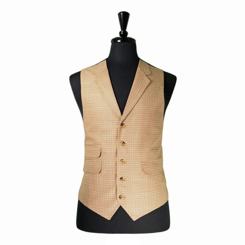 Mens 42R Wool Vest Beige Brown Houndstooth Check Plaid Waistcoat Preppy Casual